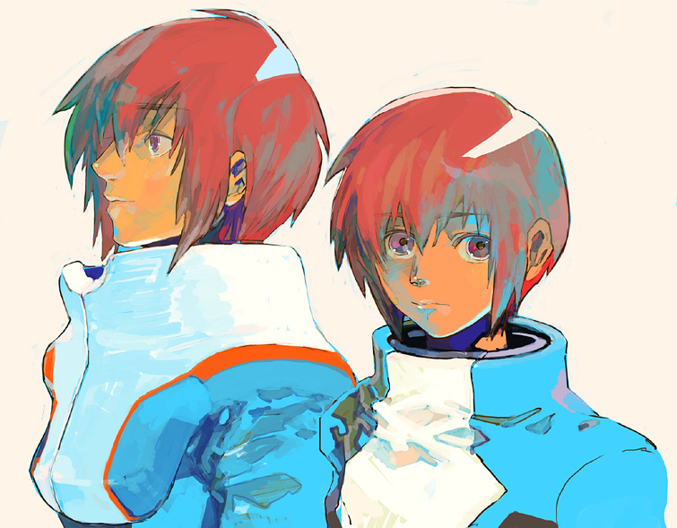 kira yamato, gundam, gundam seed, beige background, looking away, 00s, 1boy, closed mouth, high collar, looking at viewer, male focus, multiple views, profile, purple eyes, red eyes, red hair, turtleneck, upper body
