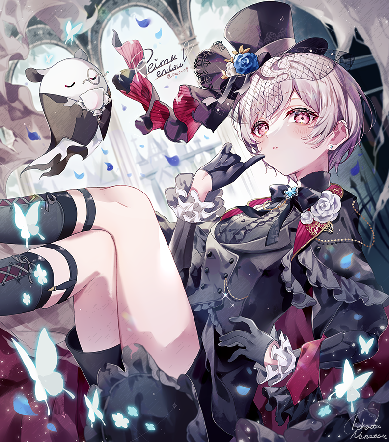 coco7, poppi (reimu endou), reimu endou, nijisanji, nijisanji en, 1girl, artist name, black suit, bug, butterfly, character name, earrings, formal clothes, gloves, glowing butterfly, grey hair, half gloves, hand on own hip, hat, insect, jewelry, parted lips, pointing, pointing at self, red eyes, reimu endou (6th costume), short hair, shorts, signature, suit, thighs, top hat, twitter username, veil, virtual youtuber