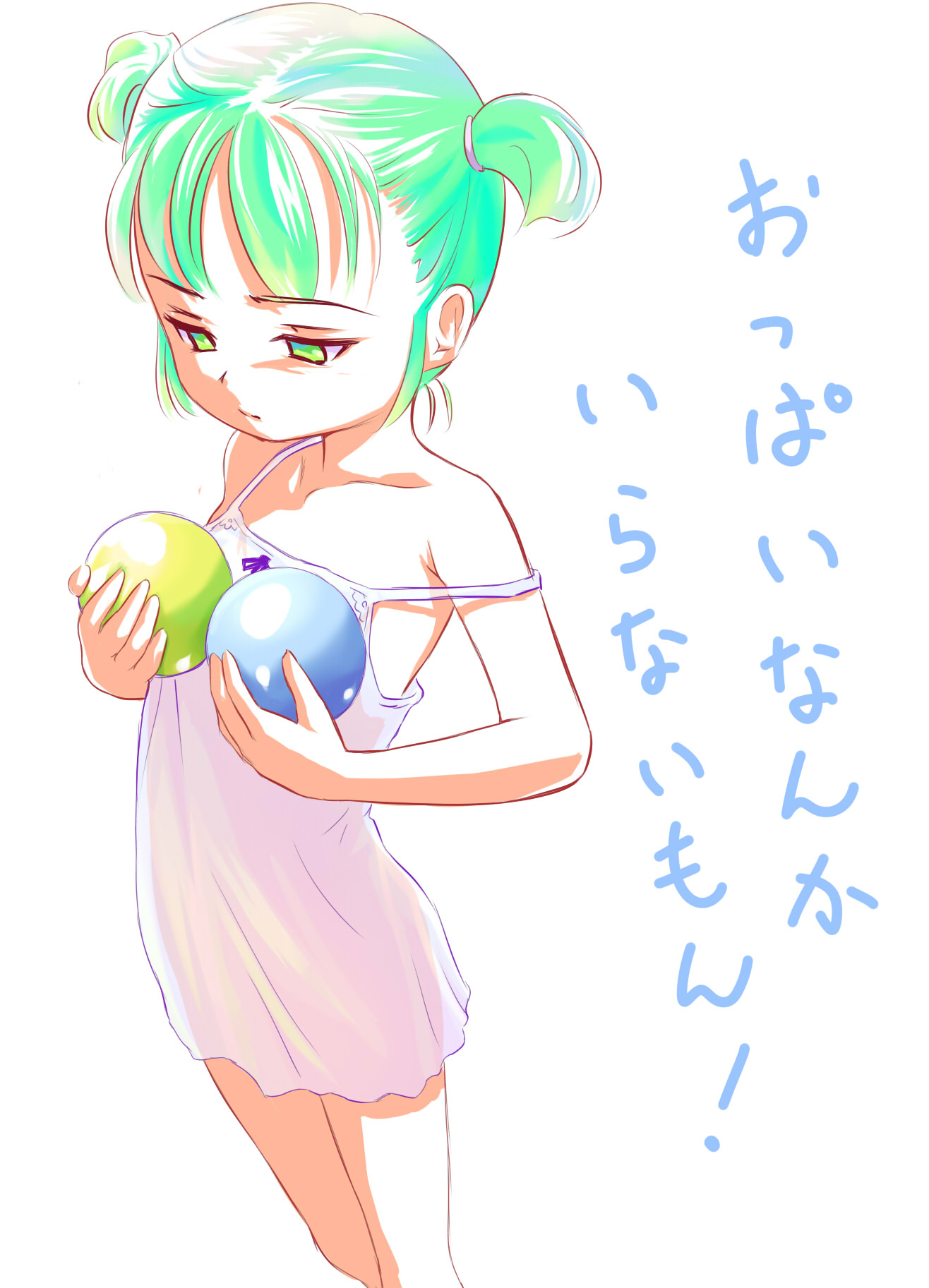 st+1, original, highres, translated, balloon, chemise, flat chest, green eyes, green hair, simple background, solo, strap slip, twintails