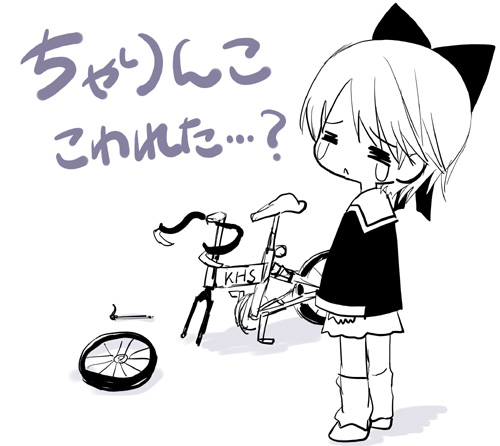 kiira, original, lowres, 1girl, bicycle, female focus, greyscale, monochrome, solo