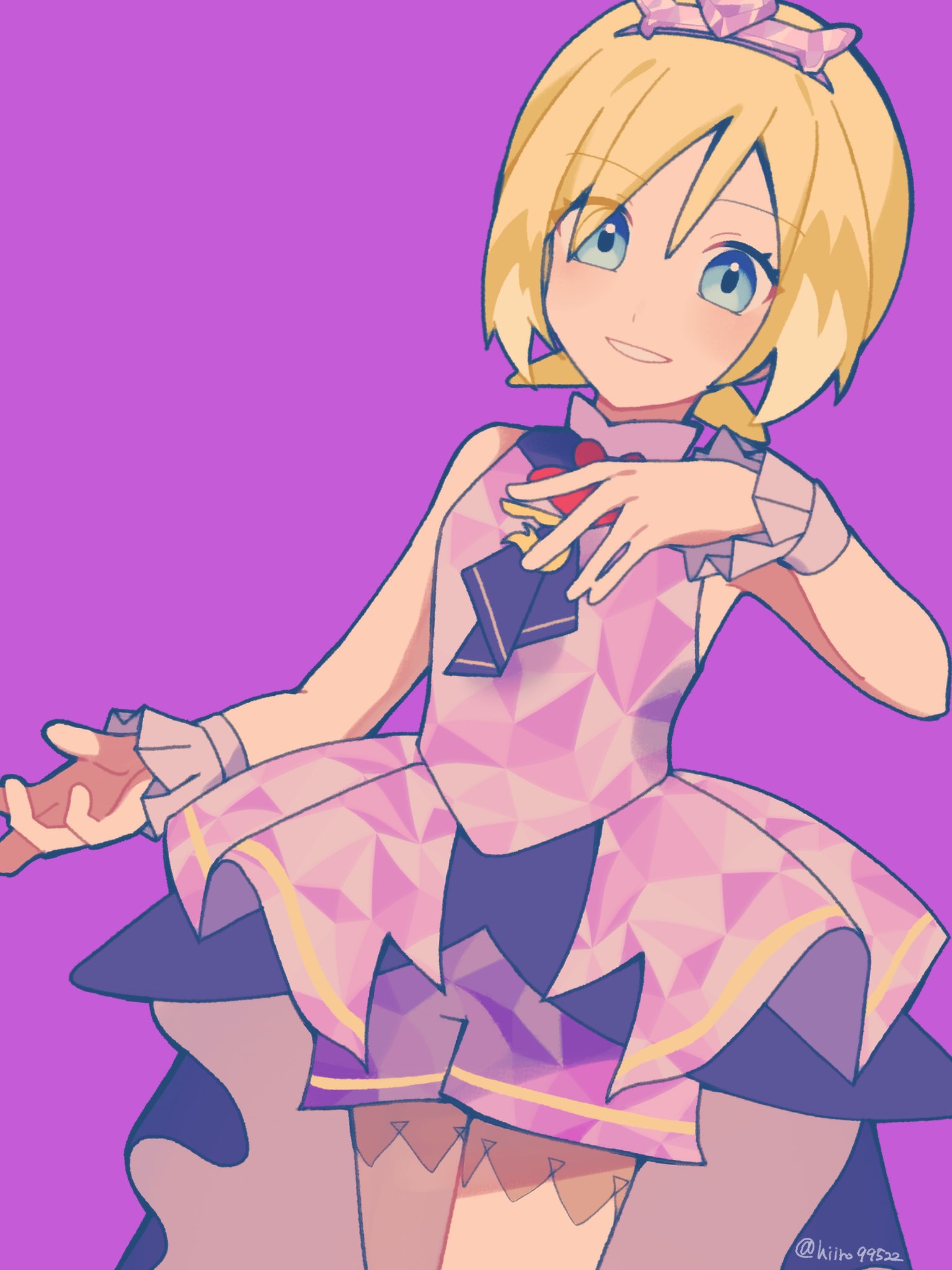 hiiro99522, irida (anniversary 2025) (pokemon), irida (pokemon), nintendo, pokemon, pokemon masters ex, highres, 1girl, blonde hair, blue eyes, dress, eyelashes, hair between eyes, looking at viewer, official alternate costume, purple background, purple hair, short hair, sleeveless, sleeveless dress, smile, solo, thighhighs, twitter username, white thighhighs