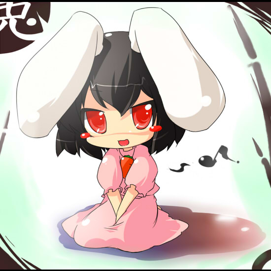 oka (bananashoe), inaba tewi, touhou, 1girl, animal ears, black hair, chibi, female focus, full body, rabbit ears, red eyes, sitting, solo, white background