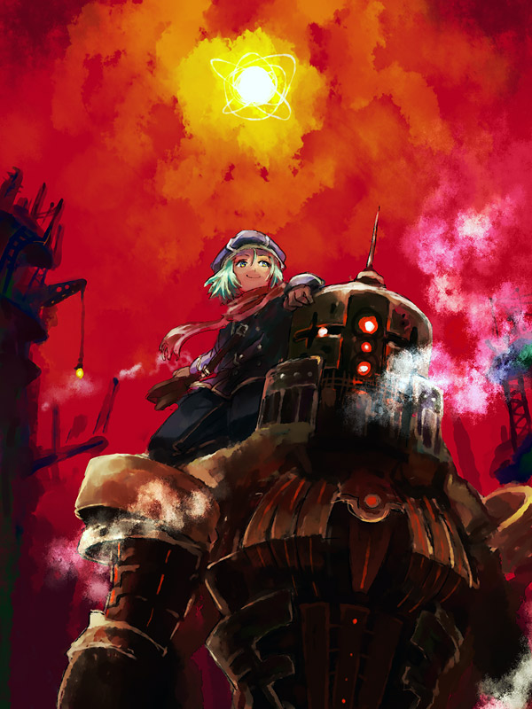 yokoshima (tirimoti), original, bad id, bad pixiv id, green hair, hat, robot, scarf, short hair