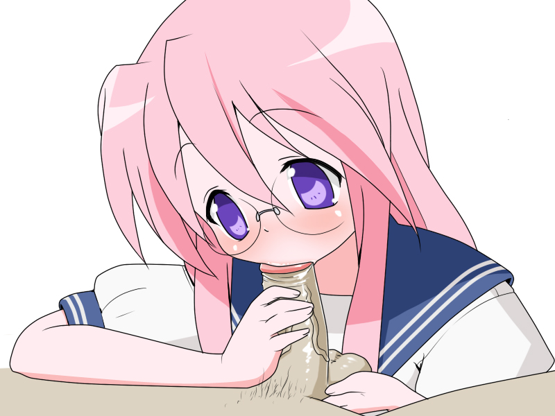 itou life, takara miyuki, lucky star, 00s, 1girl, :>=, caressing testicles, fellatio, glasses, oral, penis, solo focus, testicles, uncensored