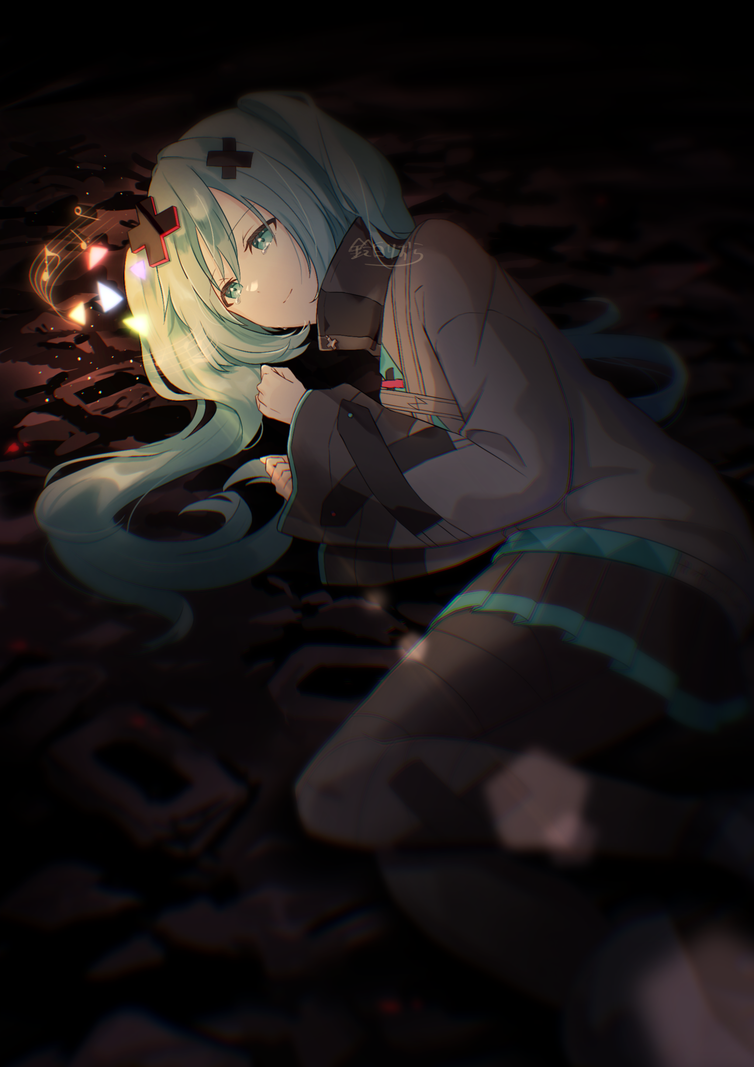 batsu miku, hatsune miku, kowareta sekai to utaenai miku, project sekai, vocaloid, absurdres, highres, 1girl, aqua trim, black skirt, closed mouth, hair between eyes, hair ornament, jacket, long hair, long sleeves, lying, mirixiv, musical note, musical staff, on side, pleated skirt, skirt, smile, solo, turtleneck, turtleneck jacket, twintails, wide sleeves, x hair ornament