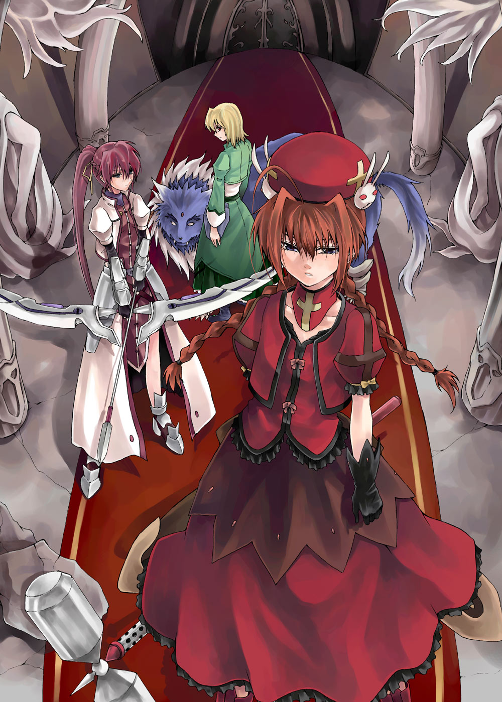 raid slash, graf eisen, laevatein (nanoha), shamal, signum, vita (nanoha), zafira, lyrical nanoha, mahou shoujo lyrical nanoha, mahou shoujo lyrical nanoha a's, highres, 00s, 1boy, 3girls, ahoge, arm guards, armor, arrow (projectile), beret, blonde hair, blue eyes, bow (weapon), braid, carpet, column, cropped jacket, door, facing viewer, faulds, full body, gauntlets, hair ribbon, hallway, hat, long hair, long skirt, looking at viewer, mallet, multiple girls, orange hair, perspective, pillar, ponytail, puffy sleeves, red eyes, red hair, red skirt, ribbon, serious, short hair, short sleeves, skirt, skirt set, standing, stone floor, twin braids, very long hair, weapon, whip sword, wolf