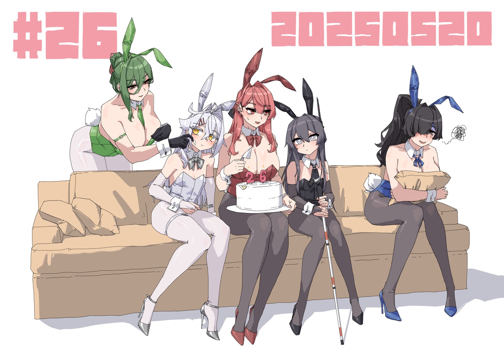 stank, original, highres, 5girls, animal ears, arm strap, bare shoulders, birthday cake, black bridal gauntlets, black eyes, black gloves, black hair, black leotard, black necktie, black pantyhose, black shoes, blind, blue leotard, blue ribbon, blue shoes, blush, bow, bowtie, breasts, bridal gauntlets, cake, candle, cane, cleavage, collar, couch, d'orsay heels, dated, deaf, fake animal ears, food, fork, gloves, green hair, green leotard, green necktie, grey bow, grey bowtie, grey eyes, hearing aid, high heels, high ponytail, holding, holding cane, holding pillow, holding plate, large breasts, leotard, long hair, multiple girls, neck ribbon, necktie, on couch, pantyhose, pillow, plate, playboy bunny, ponytail, rabbit ears, rabbit tail, red bow, red bowtie, red eyes, red hair, red leotard, red shoes, ribbon, shoes, simple background, sitting, skindentation, small breasts, strappy heels, tail, thigh strap, very long hair, white bridal gauntlets, white collar, white hair, white leotard, white pantyhose, white shoes, white wrist cuffs, wrist cuffs, yellow eyes