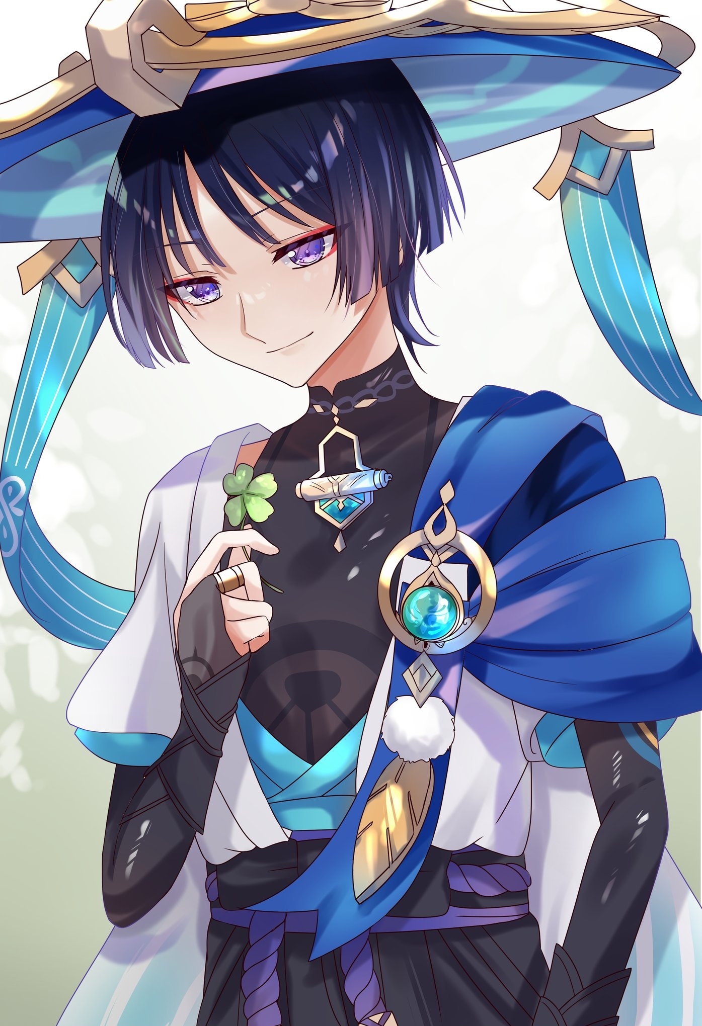 hapaa, scaramouche (genshin impact), wanderer (genshin impact), genshin impact, commentary request, highres, 1boy, black gloves, black shirt, black shorts, blue hair, blue hat, clover, cowboy shot, fingerless gloves, four-leaf clover, gloves, hat, holding, holding clover, japanese clothes, large hat, looking at object, male focus, purple eyes, shirt, short hair, shorts, smile, solo, vision (genshin impact)