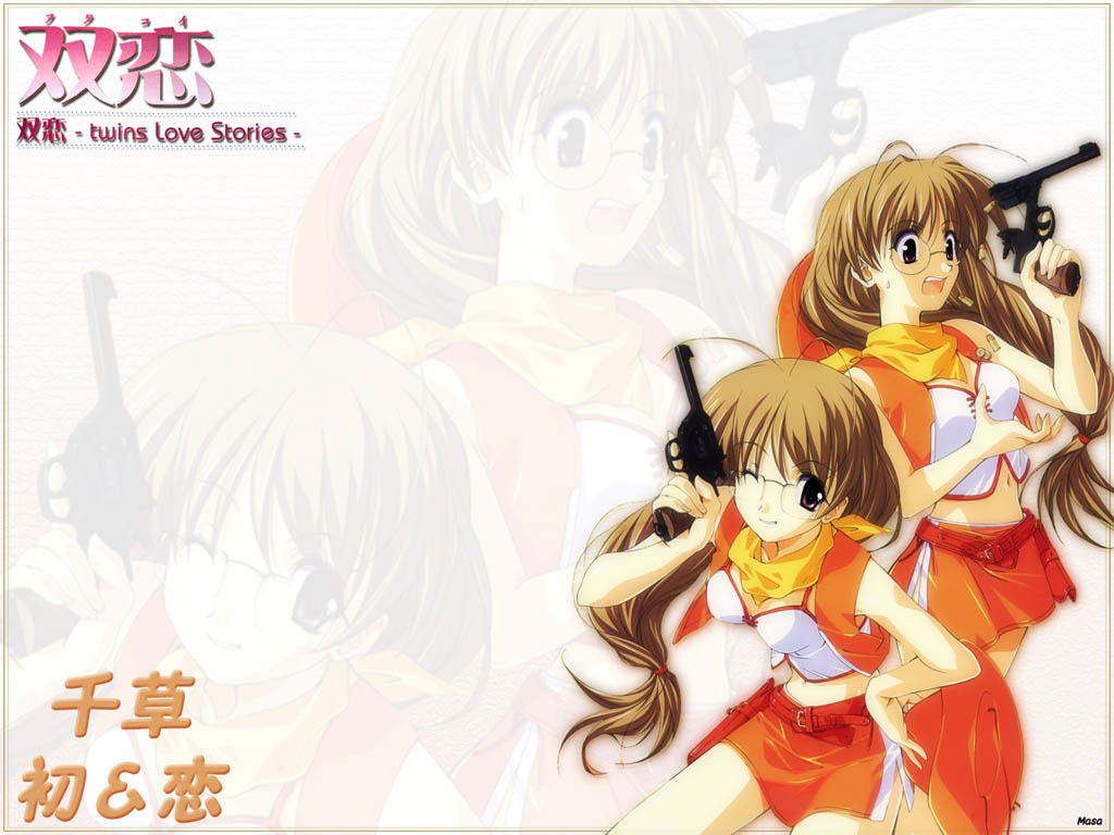 sasaki mutsumi, chigusa koi, chigusa ui, futakoi, 00s, 2girls, antenna hair, brown eyes, brown hair, cartridge, cowboy hat, cowboy western, gun, handgun, hat, long hair, low-tied long hair, multiple girls, open cylinder (revolver), revolver, siblings, sisters, twins, weapon