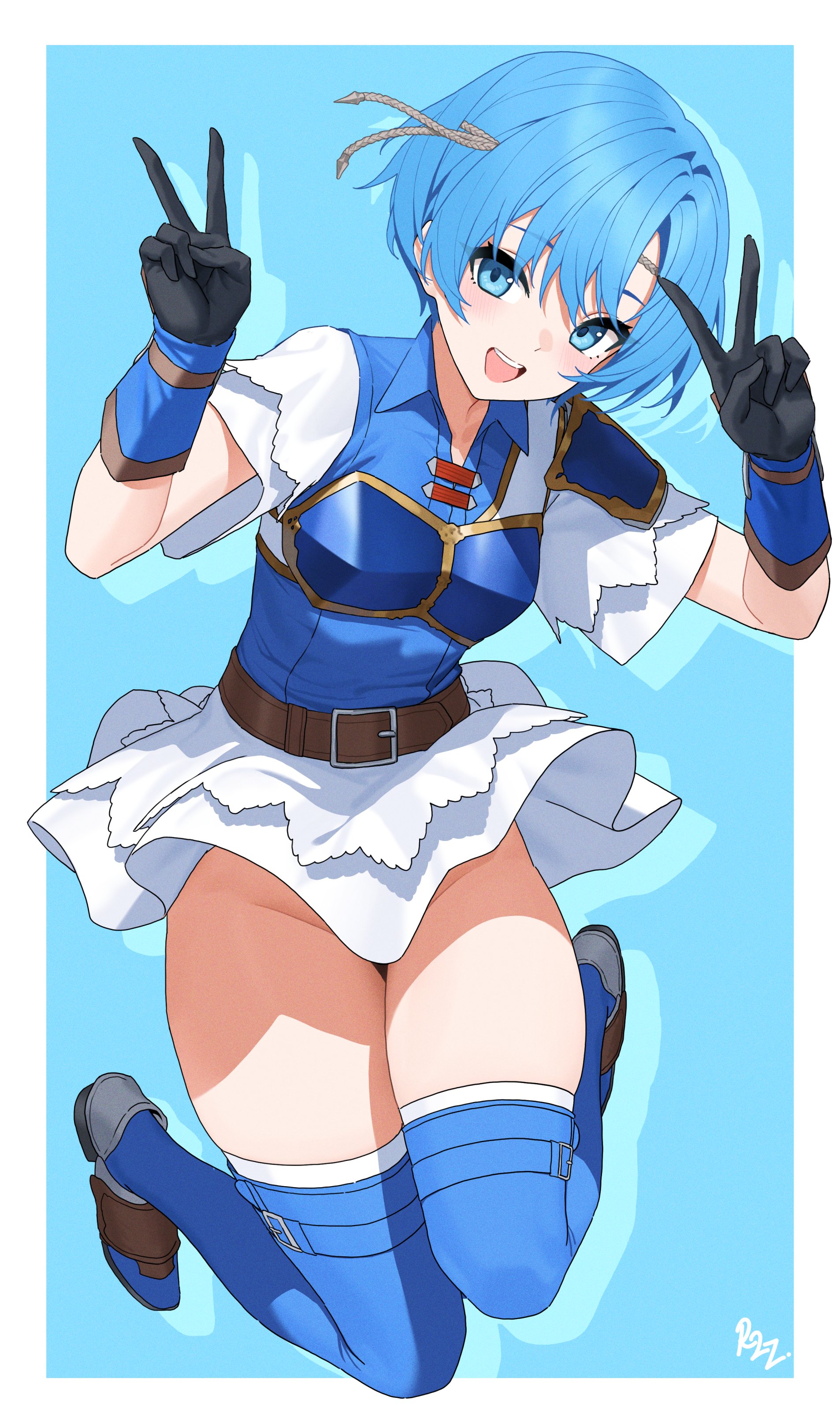 dhokidoki, shanna (fire emblem), fire emblem, fire emblem: the binding blade, nintendo, absurdres, highres, 1girl, armor, belt, black gloves, blue armor, blue eyes, blue hair, blue thighhighs, blush, breastplate, breasts, circlet, clothes lift, double v, gloves, headband, looking at viewer, open mouth, shirt, shirt lift, shoes, short hair, skirt, smile, solo, teeth, thighhighs, upper teeth only, v, white shirt, white skirt