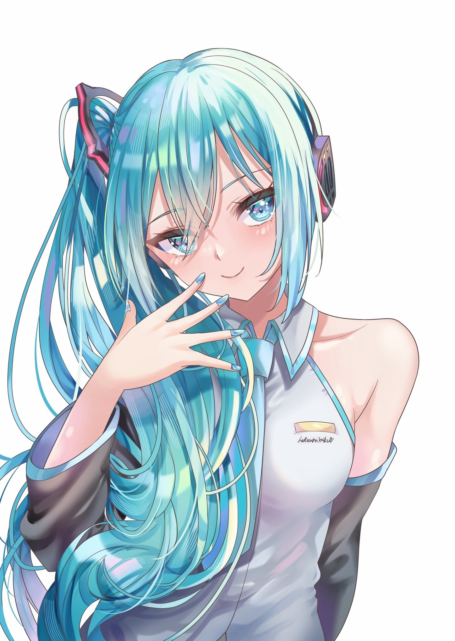 hapaa, hatsune miku, hatsune miku (noodle stopper), vocaloid, commentary, highres, 1girl, alternate hairstyle, aqua eyes, aqua hair, aqua necktie, arm warmers, blue nails, blush, breasts, collared shirt, crossed bangs, double-parted bangs, grey shirt, hair between eyes, headphones, long hair, looking at viewer, medium breasts, meme, nail polish, necktie, shirt, side ponytail, sidetail miku noodle stopper (meme), simple background, sleeveless, sleeveless shirt, smile, solo, upper body, white background