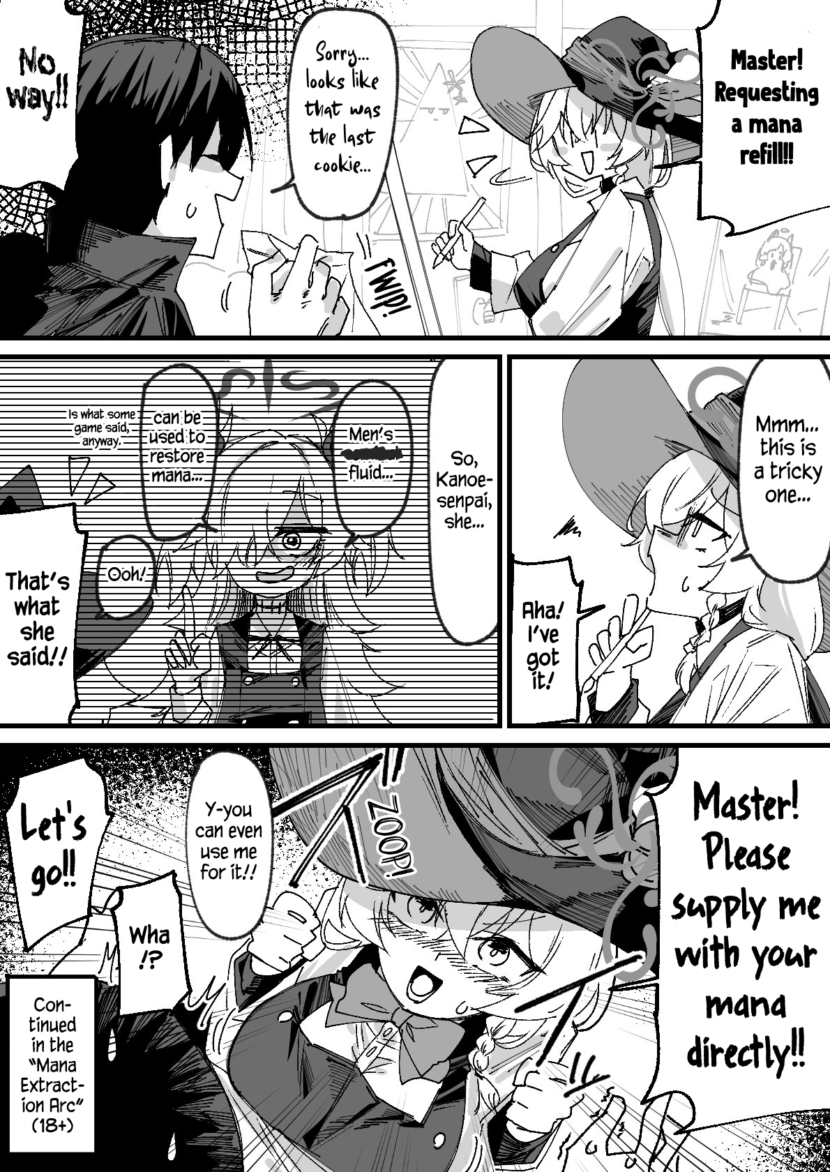 eri (blue archive), kanoe (blue archive), sensei (blue archive), blue archive, 1boy, 2girls, apron, bow, bowtie, braid, comic, english translation, hair over one eye, halo, hat, long hair, multiple girls, orange eyes, shirt, skirt, sweater, twintails, white hair, witch hat, wrapping