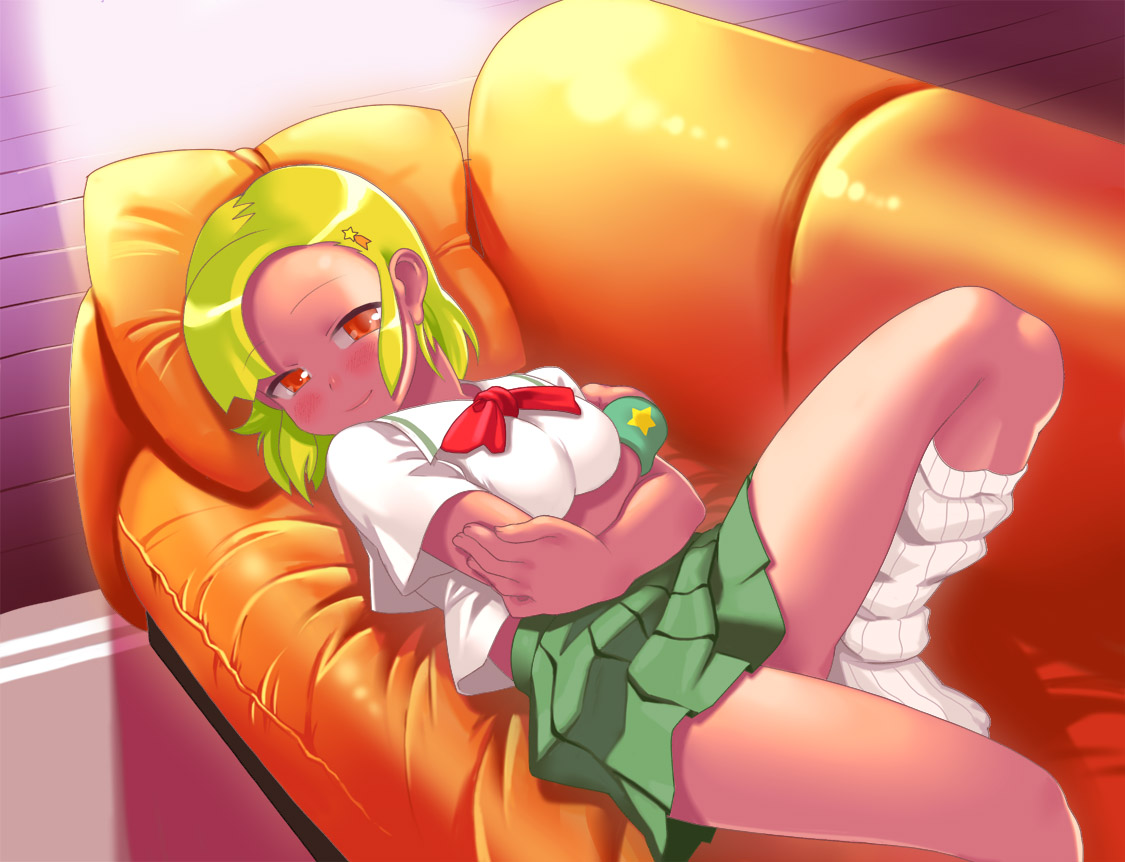 lunch (shin new), angol mois, keroro gunsou, 1girl, blonde hair, blush, breasts, breasts squeezed together, dark-skinned female, dark skin, female focus, gyaru, kogal, large breasts, loose socks, lying, socks, solo