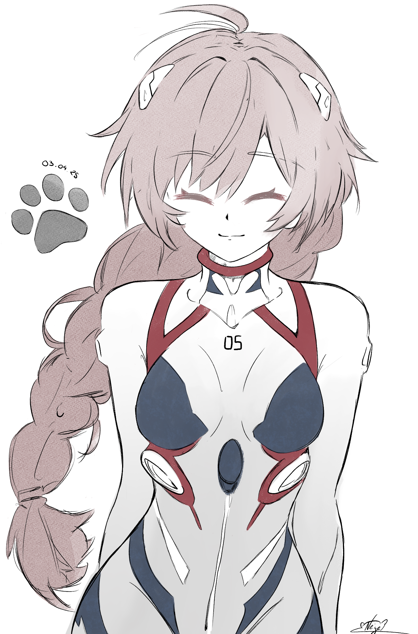 noire neige, kokona (strinova), neon genesis evangelion, strinova, highres, 1girl, ahoge, artist logo, bodysuit, braid, braided ponytail, breasts, brown hair, closed eyes, cosplay, dated, hair ornament, hairclip, logo, long hair, low ponytail, paw print, ponytail, simple background, skin tight, small breasts, smile, solo