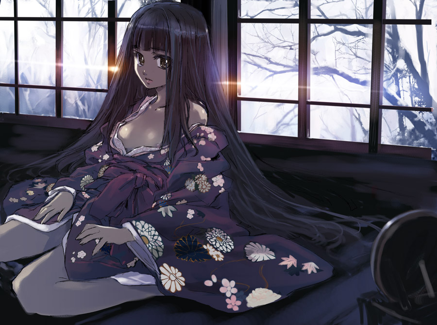 matsumoto noriyuki, original, 1girl, areola slip, breasts, cleavage, female focus, japanese clothes, kimono, legs, long hair, medium breasts, nipple slip, nipples, open clothes, open robe, robe, silhouette, sitting, solo, thighs, tree, very long hair, window