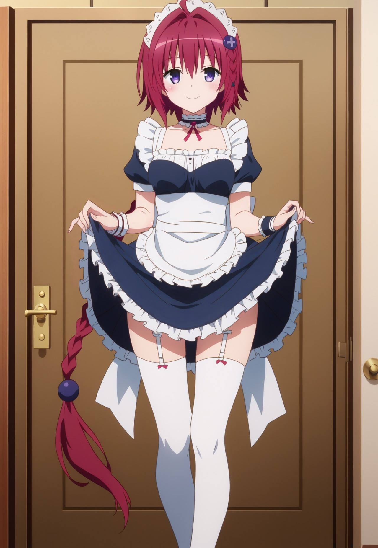 kurosaki mea, to love-ru, to love-ru darkness, highres, source request, 1girl, ahoge, blue eyes, blush, breasts, cleavage, collarbone, completely nude, hair between eyes, hair intakes, long hair, looking at viewer, nipples, nude, off shoulder, open mouth, red hair, smile, solo, very long hair