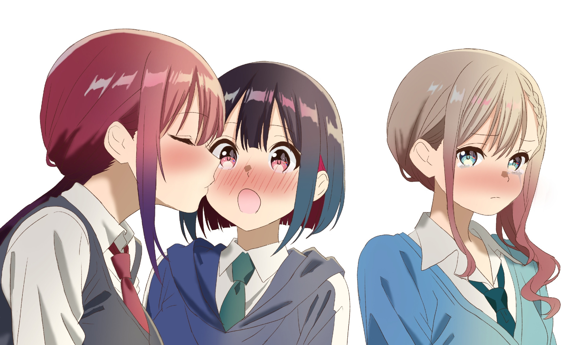 3girls, black hair, blonde hair, blue eyes, blue shirt, green necktie, multiple girls, necktie, pink hair, red eyes, red hair, red necktie, shirt, white shirt, yuri