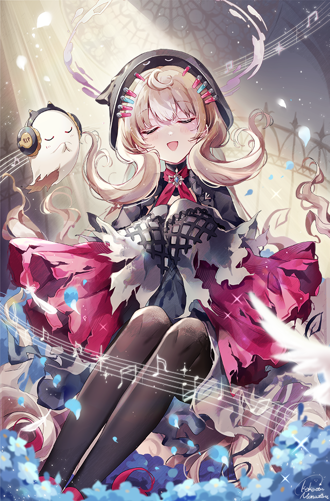 coco7, poppi (reimu endou), reimu endou, reimu endou (1st costume), nijisanji, nijisanji en, 1girl, :d, ahoge, artist name, black pantyhose, closed eyes, grey hair, halo, hat, long hair, long sleeves, music, musical note, musical staff, open mouth, pantyhose, signature, singing, sleeves past fingers, sleeves past wrists, smile, virtual youtuber