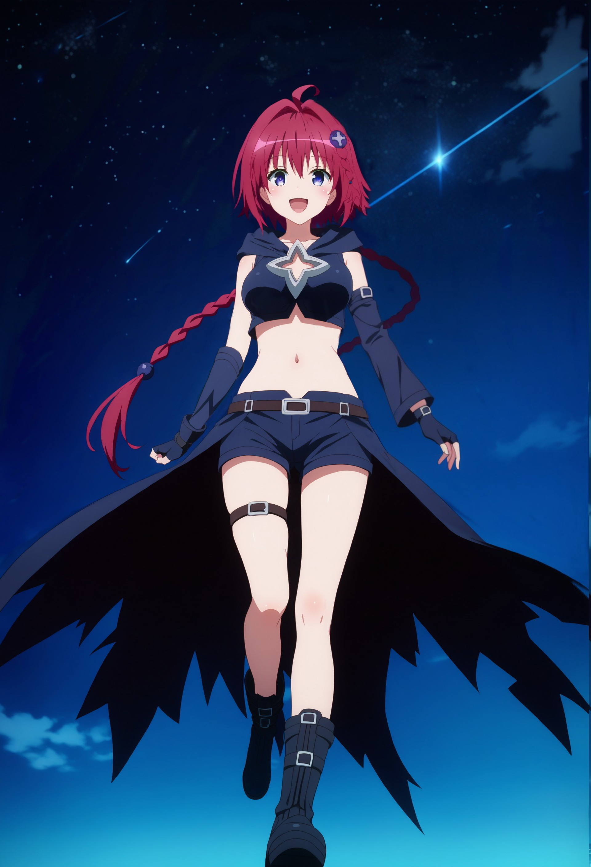 kurosaki mea, to love-ru, to love-ru darkness, highres, source request, 1girl, ahoge, blue eyes, blush, breasts, cleavage, collarbone, completely nude, hair between eyes, hair intakes, long hair, looking at viewer, nipples, nude, off shoulder, open mouth, red hair, smile, solo, very long hair