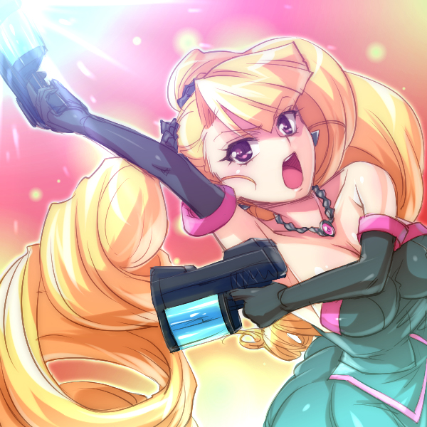 hairu, petra johanna lagerkvist, aq interactive, arcana heart, arcana heart 2, atlus, examu, 1girl, alternate color, bare shoulders, blonde hair, blush, breasts, cleavage, detached sleeves, dress, drill hair, dual wielding, earrings, elbow gloves, female focus, flower, gloves, gun, hair flower, hair ornament, hands on own hips, holding, jewelry, large breasts, long hair, necklace, open mouth, pendant, purple eyes, solo, twin drills, very long hair, weapon