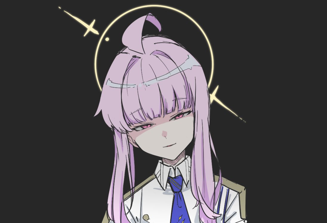 vividnatadecoco, kaya (blue archive), blue archive, commentary request, 1girl, ahoge, black background, blue necktie, collared shirt, hair intakes, half-closed eyes, halo, head tilt, long hair, looking at viewer, necktie, parted lips, pink eyes, pink hair, shirt, simple background, smile, solo, unusually open eyes, white shirt