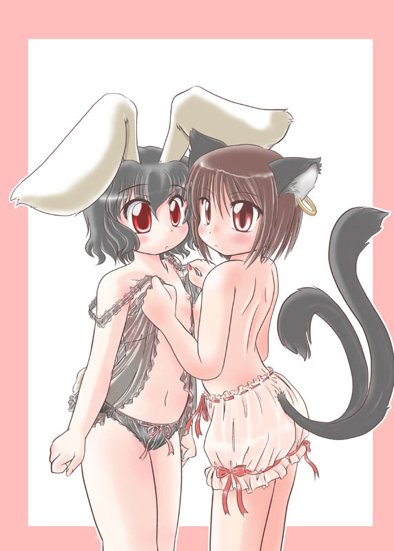 konechi, chen, inaba tewi, touhou, md5 mismatch, resolution mismatch, source larger, 2girls, animal ears, black hair, bloomers, brown eyes, brown hair, cat ears, cat girl, cat tail, dressing, dressing another, earrings, female focus, flat chest, jewelry, loli, multiple girls, multiple tails, nipples, panties, rabbit ears, rabbit tail, red eyes, tail, underwear, white bloomers, yuri