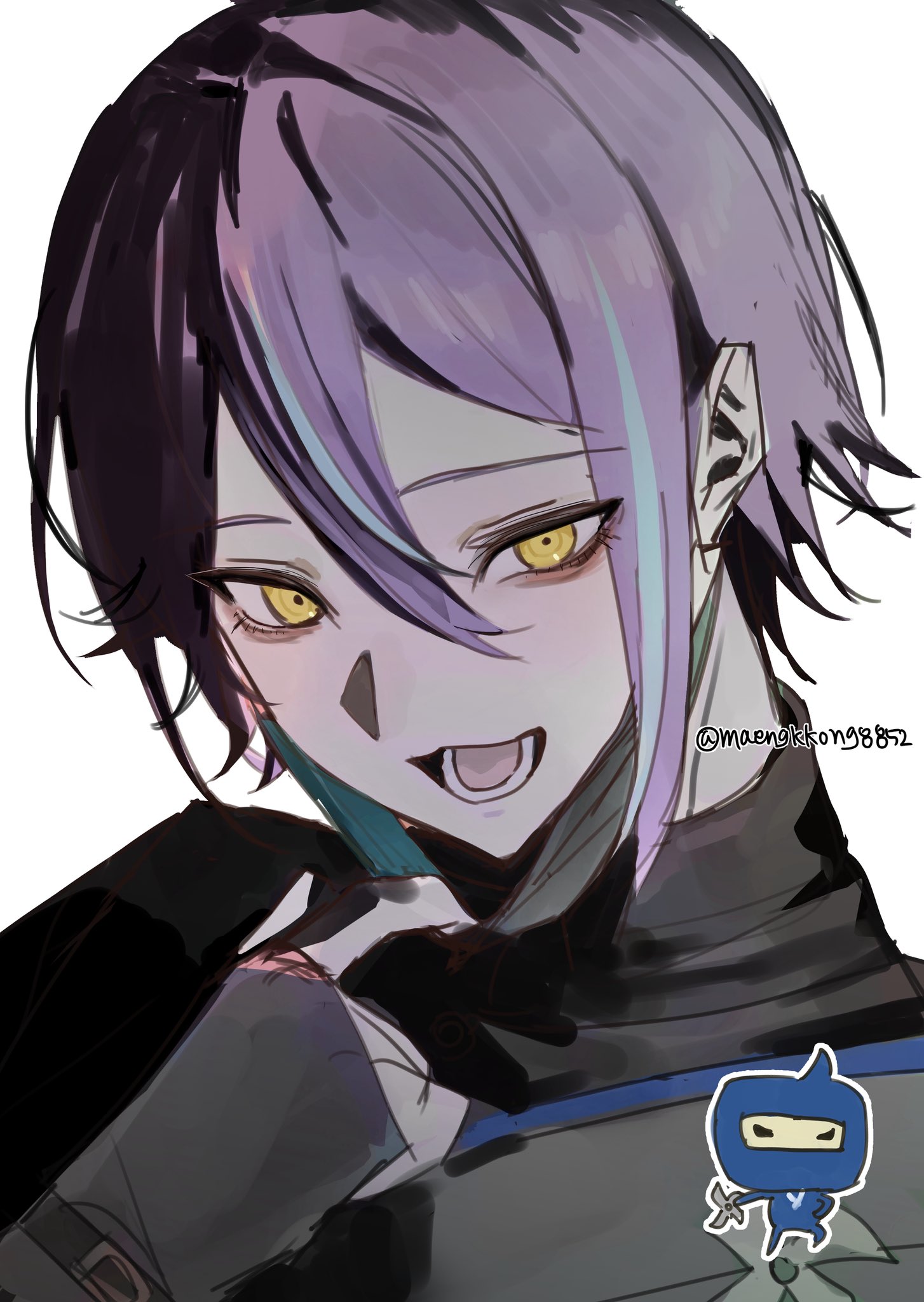 maengkkong8852, kamishiro rui, project sekai, tamagotchi, highres, 1boy, black shirt, double-parted bangs, gloves, gozarutchi, long sleeves, looking at viewer, lower teeth only, male focus, mask, mask pull, mouth mask, multicolored hair, open mouth, purple hair, shirt, short hair, simple background, solo, streaked hair, teeth, turtleneck, twitter username, two-tone hair, white background, yellow eyes