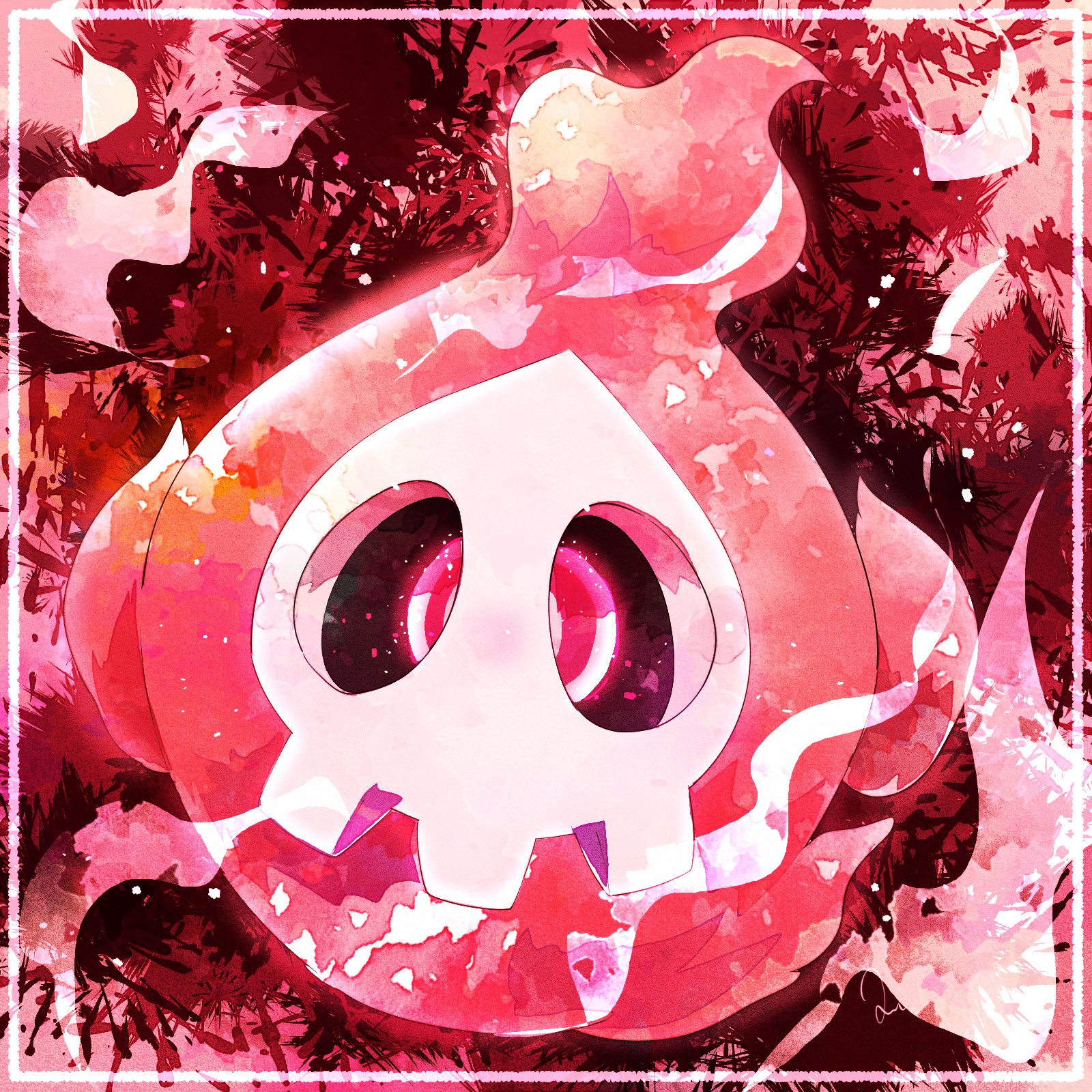 loki (regulus 1111), duskull, nintendo, pokemon, commentary request, highres, alternate color, gen 3 pokemon, ghost, looking at viewer, no humans, pokemon (creature), pokemon focus, red background, red theme, shiny pokemon, skull, solo
