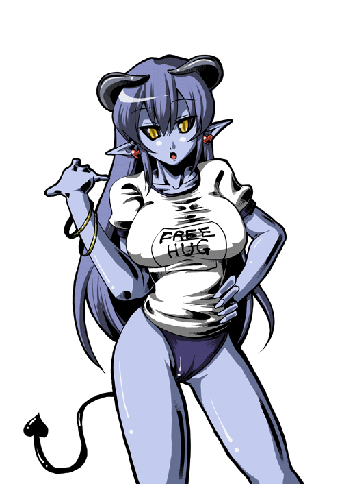 astaroth (shinrabanshou), shinrabanshou, 1girl, black sclera, blue hair, blue skin, breasts, buruma, clothes writing, colored sclera, colored skin, earrings, female focus, gym uniform, heart, heart earrings, horns, huge breasts, jewelry, long hair, pointy ears, solo, tail, yellow eyes