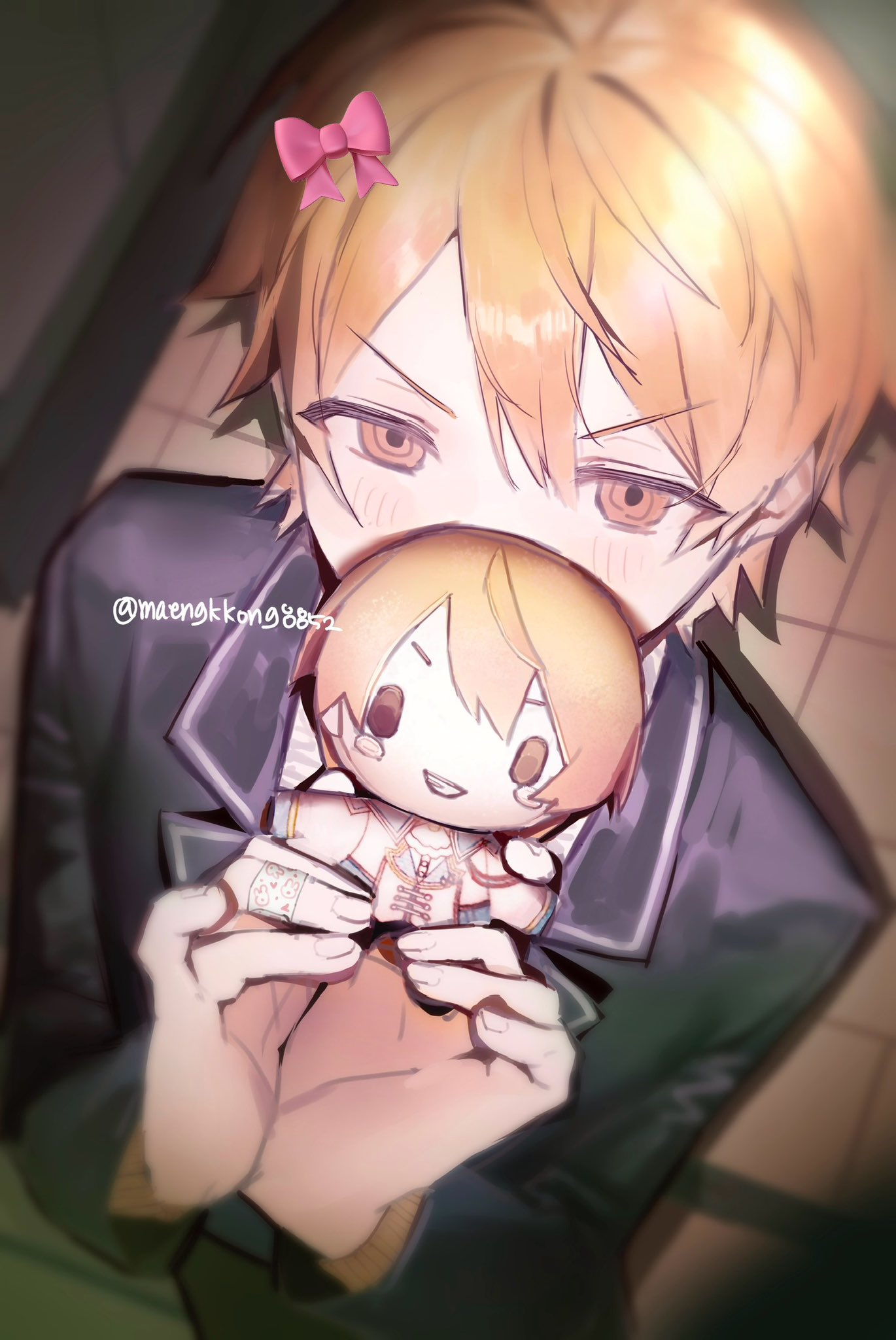 maengkkong8852, tenma tsukasa, project sekai, highres, 1boy, black jacket, blazer, blonde hair, blush, bow, cardigan, character doll, collared shirt, covered mouth, doll, double-parted bangs, from above, gradient hair, hair between eyes, hair bow, holding, jacket, kamiyama high school uniform (project sekai), lapels, long sleeves, looking at viewer, male focus, multicolored hair, notched lapels, orange eyes, orange hair, pink bow, school uniform, shirt, short hair, solo, twitter username, upper body, yellow cardigan