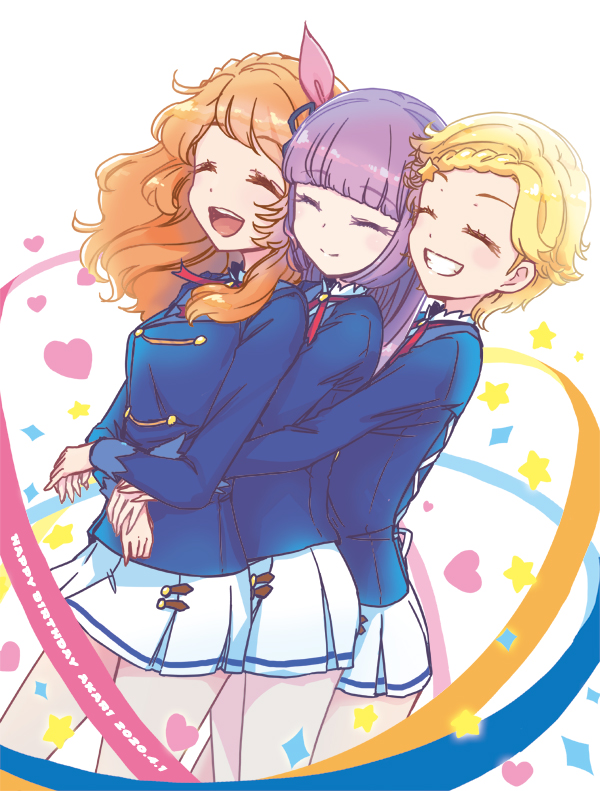mizuki maya, hikami sumire, ozora akari, shinjo hinaki, aikatsu!, aikatsu! (series), commentary, 3girls, :d, ^ ^, blonde hair, blue jacket, blunt bangs, braid, braided bangs, closed eyes, crown braid, dated, grin, happy birthday, heart, hug, hug from behind, jacket, long hair, long sleeves, miniskirt, multiple girls, neck ribbon, open mouth, orange hair, pleated skirt, purple hair, red ribbon, ribbon, school uniform, short hair, sidelocks, skirt, smile, sparkle, star (symbol), starlight academy school uniform, white background, white skirt