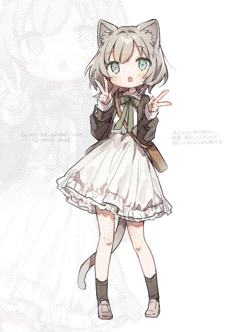 neoki ohae, original, highres, 1girl, :d, animal ear fluff, animal ears, blush, cat ears, cat tail, double v, dress, full body, grey hair, halftone, halftone background, long sleeves, looking at viewer, open mouth, ribbon, smile, socks, solo, standing, tail, v, white dress