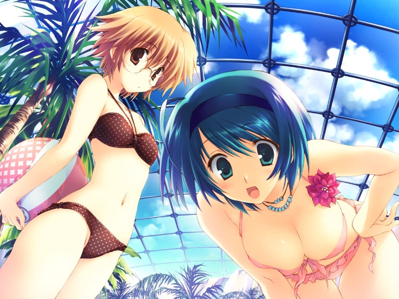 mitsumi misato, yamada michiru, yoshioka chie, to heart (series), to heart 2, to heart 2 ad, game cg, 00s, 2girls, :d, aqua eyes, ball, beachball, bent over, bikini, blonde hair, blue hair, breasts, brown eyes, cleavage, cloud, day, flower, glasses, hairband, halterneck, large breasts, multiple girls, navel, open mouth, pink bikini, polka dot, polka dot bikini, polka dot swimsuit, sky, smile, swimsuit
