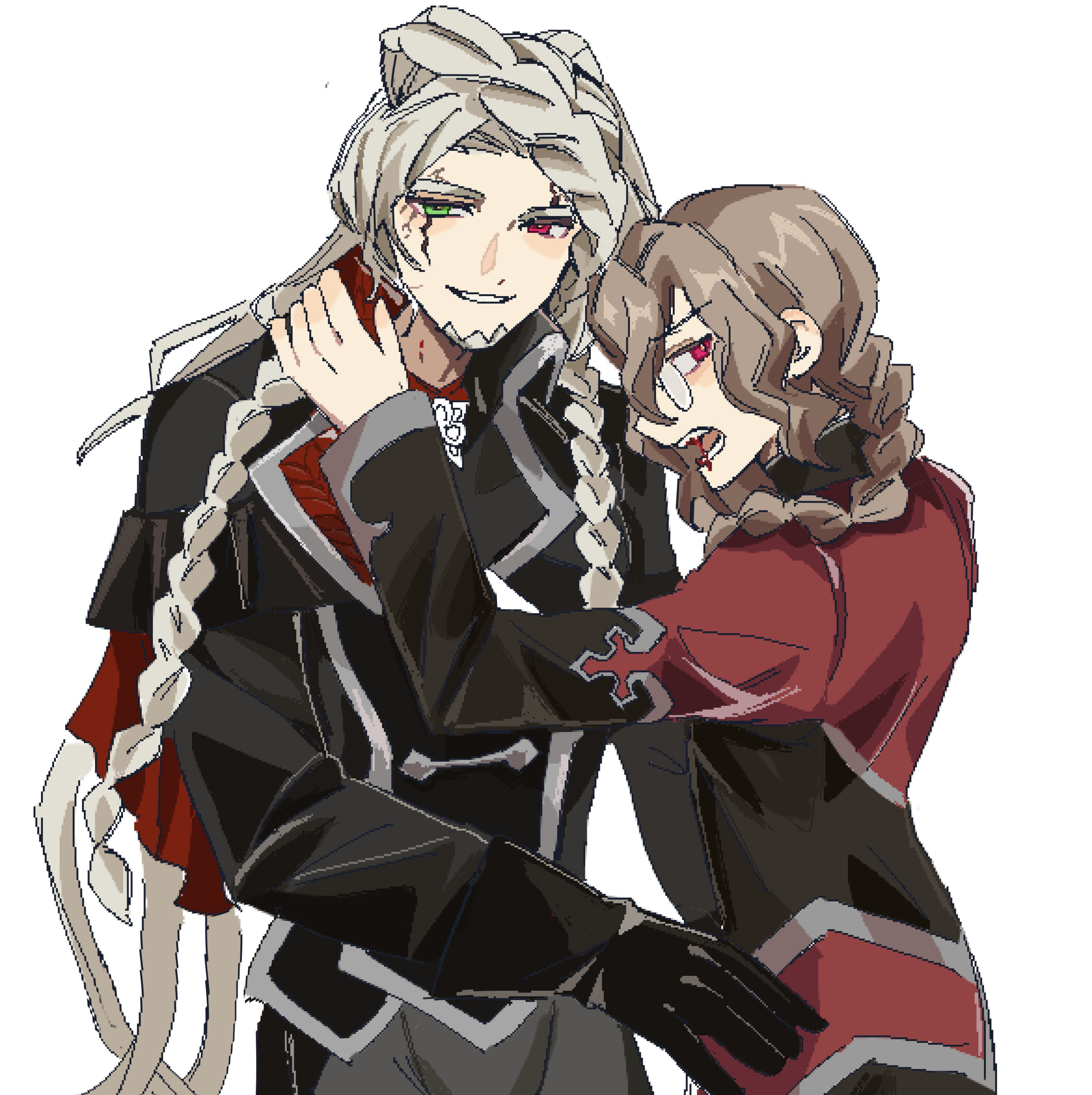 user vpue3848, alessandro di cagliostro (fate), michael roa valdamjong, tarantella (fate), fate/grand order, fate (series), absurdres, highres, 2boys, beard, bite mark, bite mark on neck, black gloves, blonde hair, braid, braided ponytail, facial hair, fangs, formal clothes, glasses, gloves, green eyes, hair between eyes, heterochromia, holding another's waist, long hair, looking at viewer, male focus, multiple boys, priest, red eyes, scar, scar across eye, scar on face, smile, vampire, white hair, yaoi