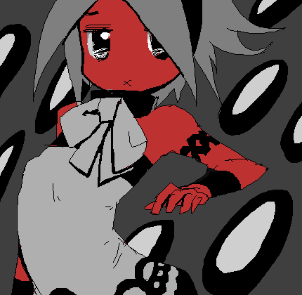 hoehoe3, lowres, 1girl, colored skin, female focus, monochrome, oekaki, red skin, red theme, ribbon, solo