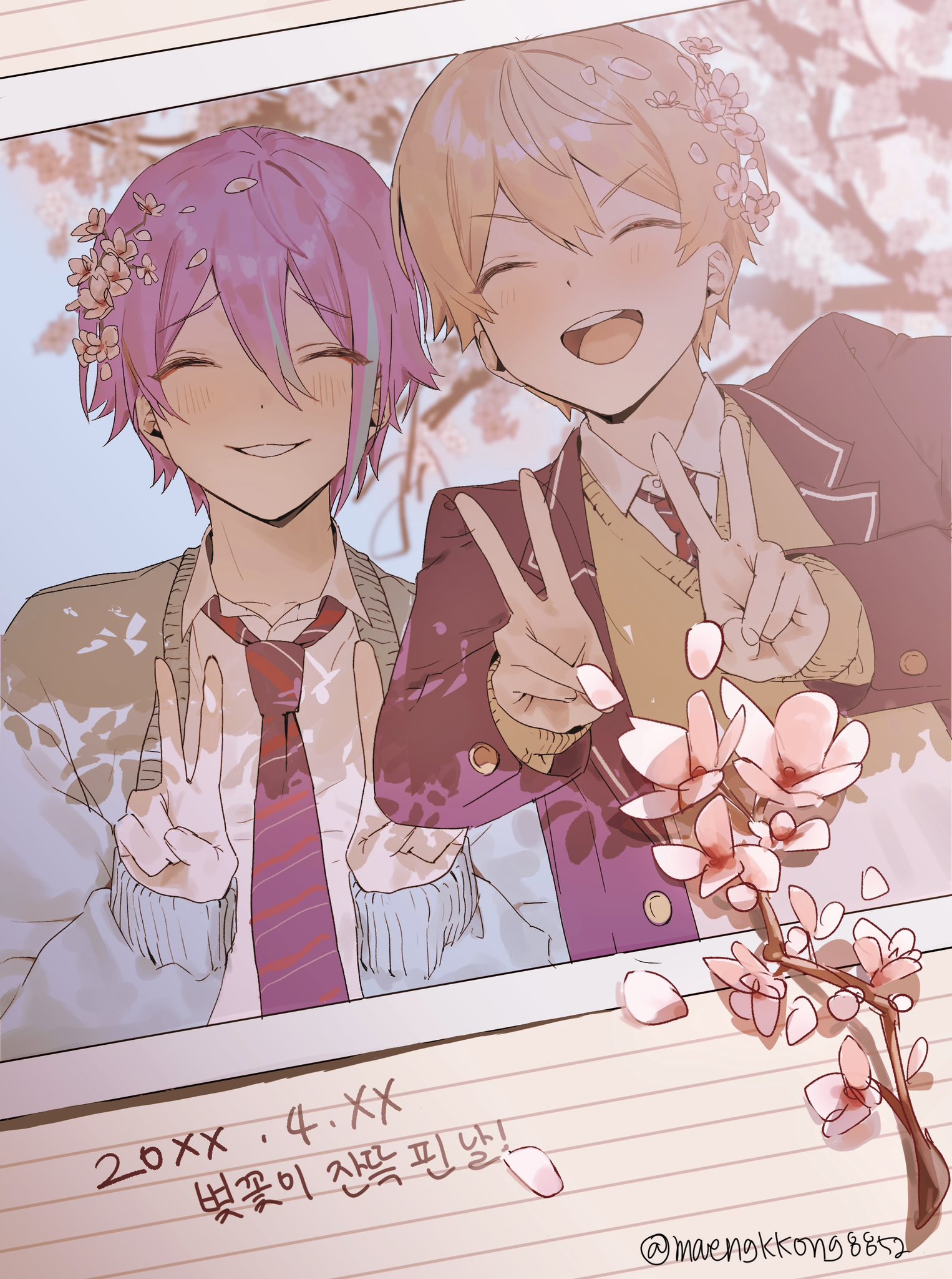 maengkkong8852, kamishiro rui, tenma tsukasa, project sekai, highres, 2boys, ^ ^, aqua hair, blazer, blonde hair, blue hair, blue jacket, blush, buttons, cardigan, cherry blossoms, closed eyes, collared shirt, diagonal-striped clothes, diagonal-striped necktie, double-parted bangs, double v, earrings, facing viewer, flower, gradient hair, grey cardigan, hair between eyes, hair flower, hair ornament, jacket, jewelry, kamiyama high school uniform (project sekai), korean text, lapels, long sleeves, loose necktie, male focus, multicolored hair, multiple boys, necktie, notched lapels, open clothes, open collar, open jacket, open mouth, orange hair, petals, photo (object), pink flower, purple hair, red necktie, school uniform, shirt, short hair, smile, streaked hair, striped clothes, striped necktie, stud earrings, teeth, twitter username, two-tone hair, upper body, upper teeth only, v, white shirt, yellow cardigan