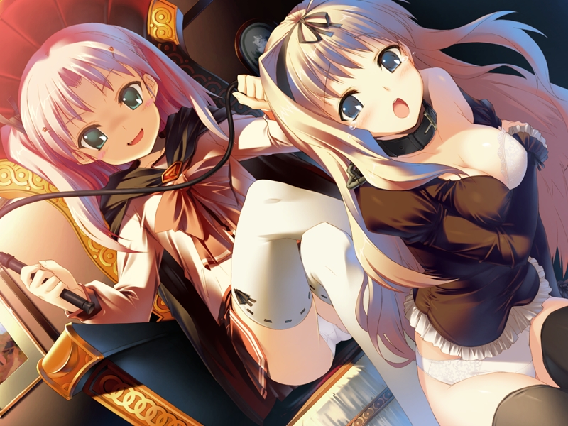 kawata hisashi, kusugawa sasara, maaryan, to heart 2, to heart 2 ad, black legwear, pantyshot (sitting), white legwear, game cg, 2girls, bdsm, blonde hair, blue eyes, bra, breasts, cape, cleavage, collar, crossed legs, dominatrix, dutch angle, femdom, frills, green eyes, lingerie, multiple girls, naughty face, open mouth, panties, pantyshot, pink hair, school uniform, sitting, tears, thighhighs, throne, underwear, whip, white panties, yuri