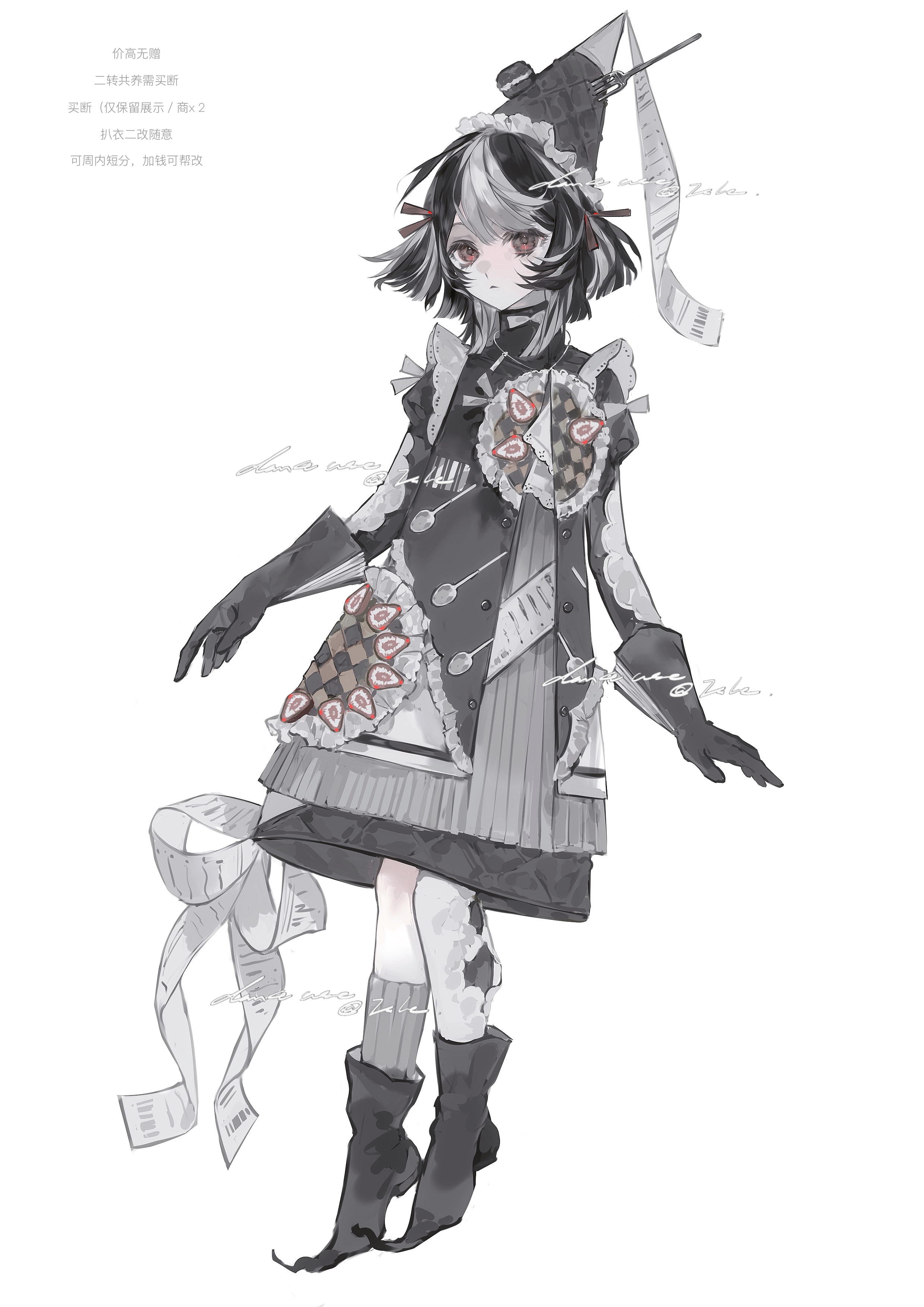 original, absurdres, highres, 1girl, black boots, black dress, black gloves, black hair, boots, bow, closed mouth, dress, escoffion, full body, gloves, hair ribbon, hat, heilanshuimuchu, hennin, juliet sleeves, long sleeves, looking at viewer, multicolored hair, puffy sleeves, red eyes, ribbon, short hair, simple background, socks, solo, standing, streaked hair, white background, white dress, white hair