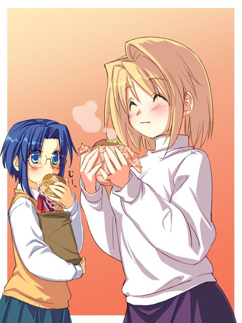 yuuki keisuke, arcueid brunestud, ciel (tsukihime), tsukihime, 00s, 2girls, blonde hair, blue eyes, blue hair, blush, bread, burger, closed eyes, curry, eating, food, glasses, multiple girls, purple skirt, school uniform, serafuku, skirt, sweater