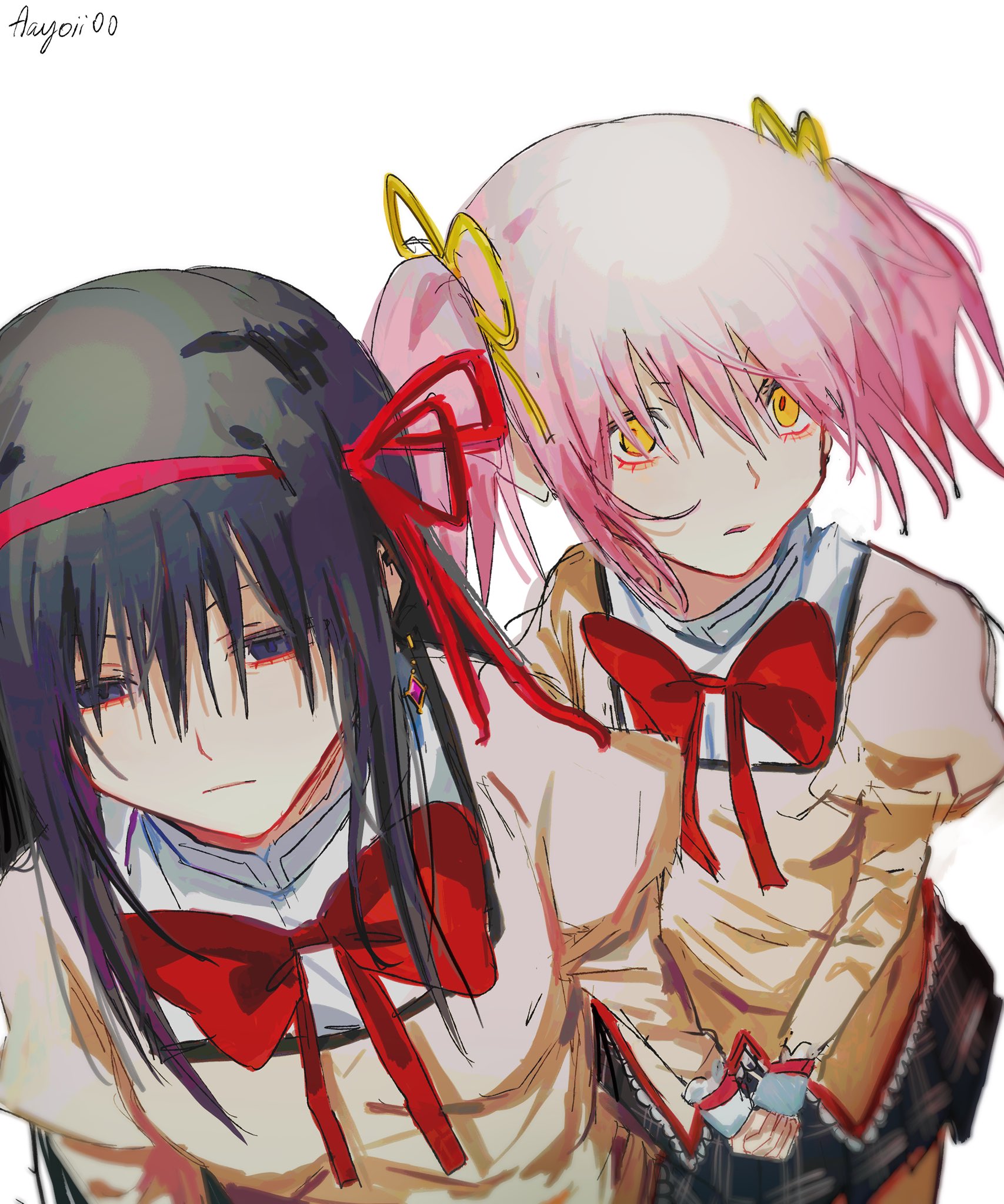 aayoii 00, akemi homura, kaname madoka, mahou shoujo madoka magica, mahou shoujo madoka magica (anime), highres, 2girls, artist name, bow, bowtie, earrings, hairband, holding hands, jewelry, lace, lace-trimmed shirt, lace trim, mitakihara school uniform, multiple girls, pink hair, purple eyes, school uniform, shirt, short twintails, twintails, white background, yellow eyes