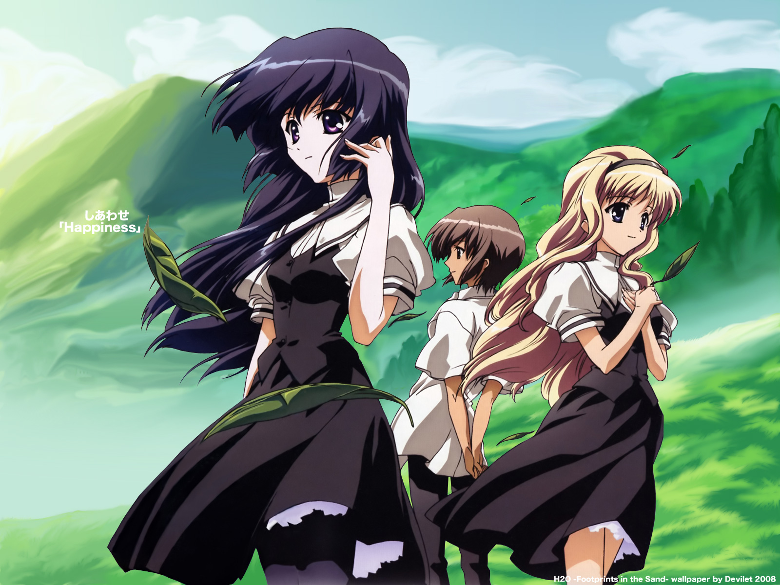 hirose takuma, kagura hinata, kohinata hayami, h2o footprints in the sand, highres, 00s, 3girls, landscape, multiple girls, outdoors, pantyhose, scenery, school uniform, serafuku, sky, wind