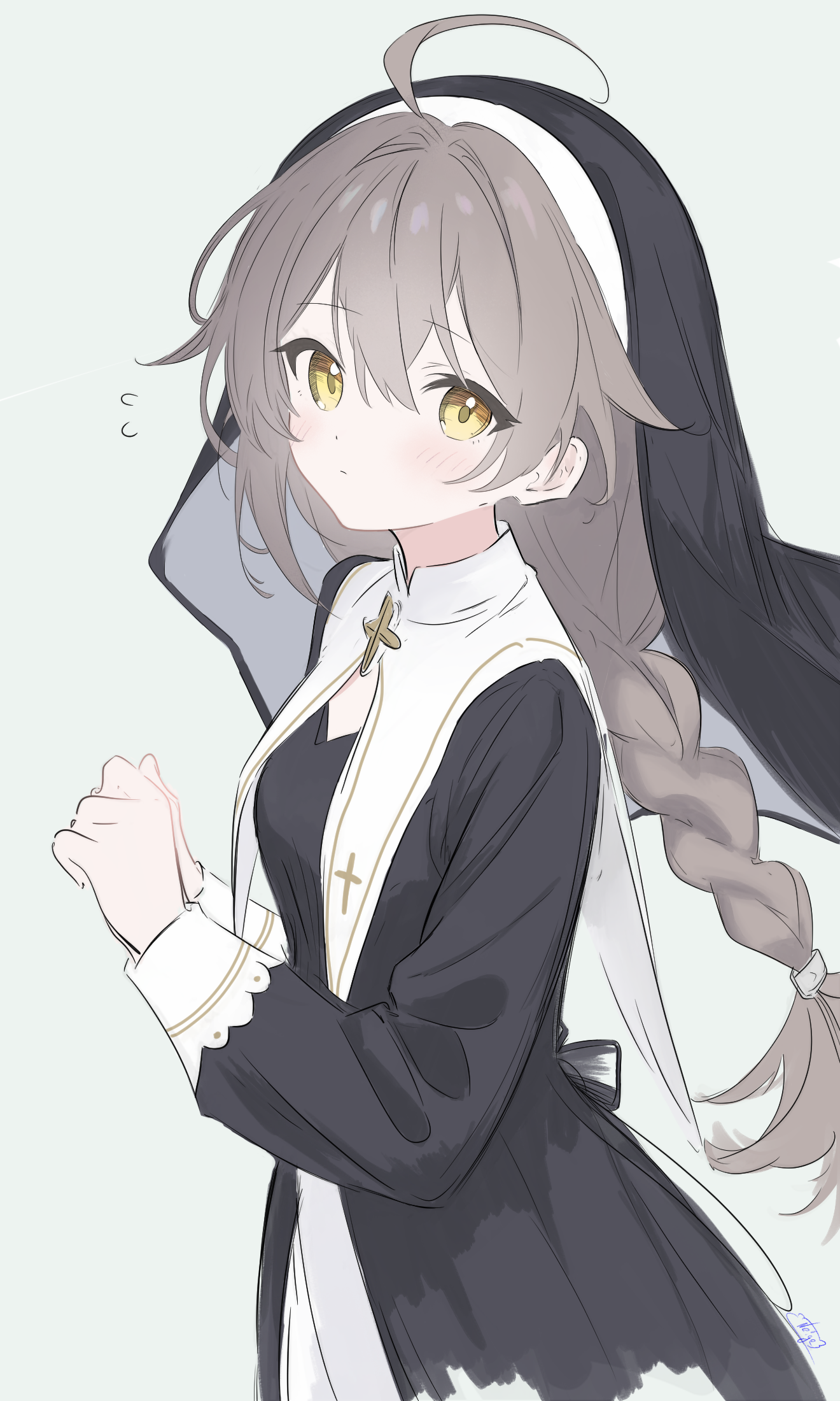 noire neige, kokona (strinova), strinova, highres, 1girl, ahoge, blush, braid, braided ponytail, brown hair, cross, hair between eyes, hair tie, headdress, long hair, looking at viewer, low ponytail, nun, ponytail, simple background, solo, yellow eyes