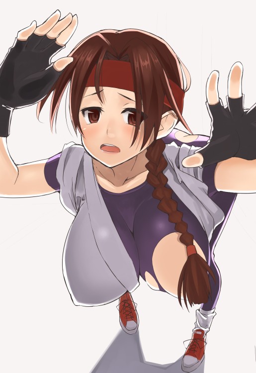 nagase haruhito, yuri sakazaki, ryuuko no ken, snk, the king of fighters, 1girl, ass, breasts, brown eyes, brown hair, butt crack, censored, convenient censoring, dougi, female focus, fingerless gloves, gloves, hair censor, hair over breasts, hanging breasts, headband, huge breasts, large breasts, one breast out, shoes, sneakers, socks, solo, spandex, standing, torn clothes