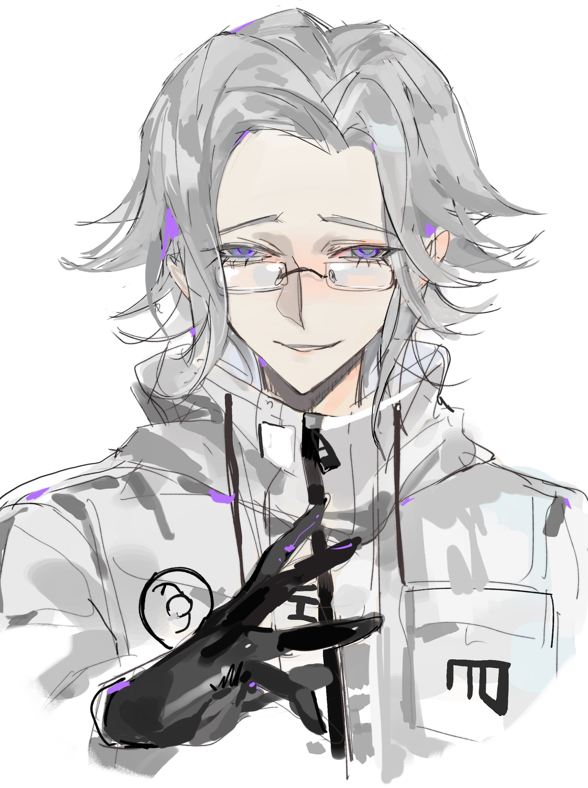 binxngchng1, aotsuki eito, the hundred line -last defense academy-, absurdres, chinese commentary, commentary request, highres, 1boy, black gloves, breast pocket, cropped torso, glasses, gloves, grey hair, half-closed eyes, hand up, jacket, looking at viewer, looking over eyewear, male focus, parted lips, pocket, purple eyes, short hair, simple background, sketch, smile, solo, white background, white jacket