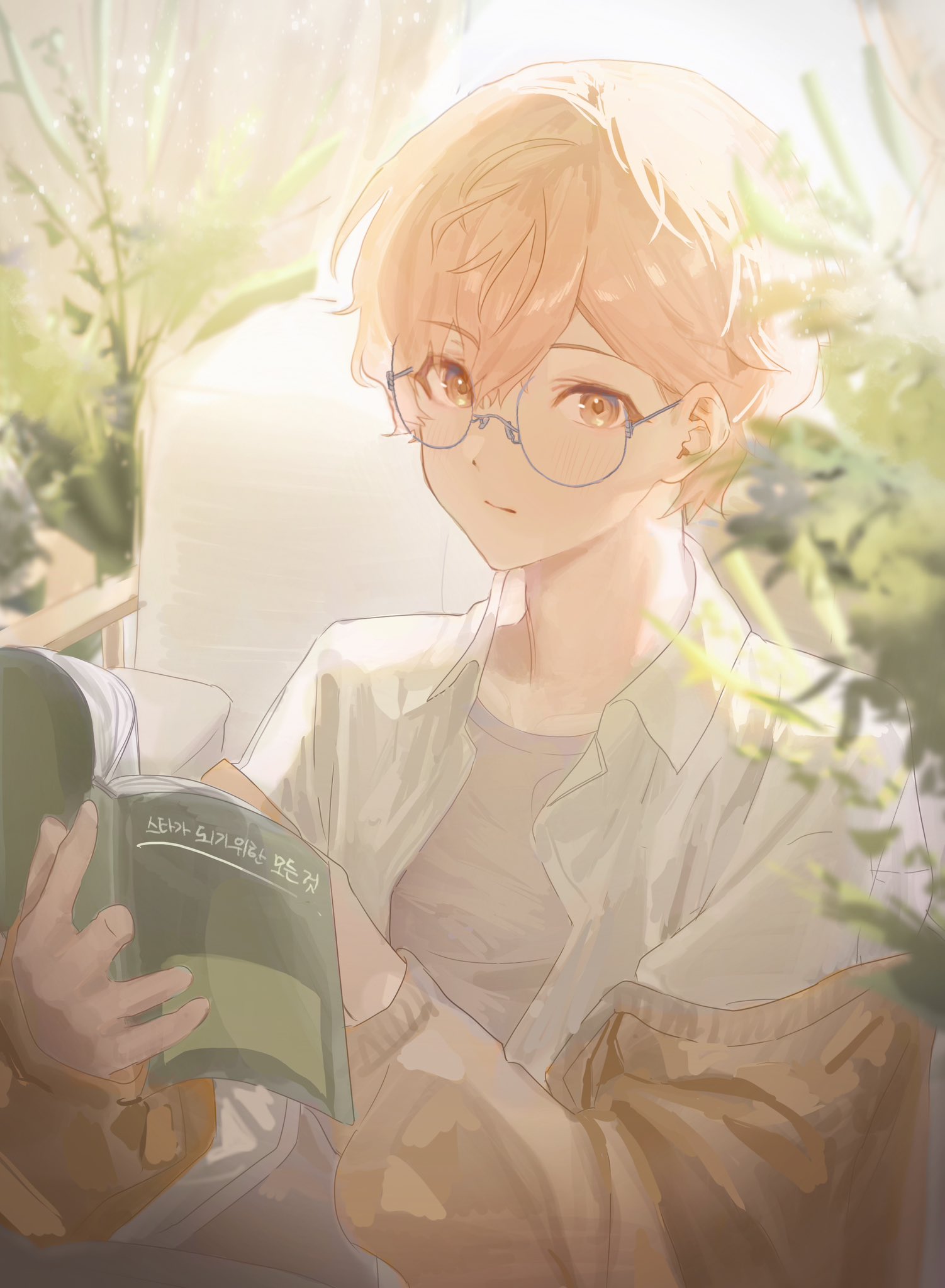 maengkkong8852, tenma tsukasa, project sekai, highres, 1boy, bespectacled, blonde hair, blue-framed eyewear, blurry, book, brown cardigan, cardigan, closed mouth, collared shirt, curtains, glasses, grey shirt, hair between eyes, holding, holding book, indoors, korean text, long sleeves, looking at viewer, male focus, open book, open cardigan, open clothes, open collar, orange eyes, orange hair, plant, reading, semi-rimless eyewear, shirt, short hair, solo, upper body, white shirt