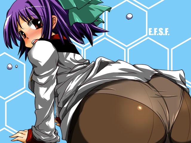 hirowa nagi, ata swanport, gundam, gundam card builder, 1girl, ass, back-seamed legwear, blush, female focus, hair ribbon, military, military uniform, panties, panties under pantyhose, pantyhose, purple hair, red eyes, ribbon, seamed legwear, short hair, solo, underwear