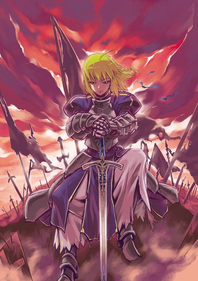 shiro (tamago no kara), shirou, artoria pendragon (fate), saber (fate), fate/stay night, fate (series), 00s, 1girl, ahoge, armor, battlefield, blonde hair, braid, caliburn (fate), female focus, field of blades, flag, green eyes, hands on hilt, solo, sword, weapon