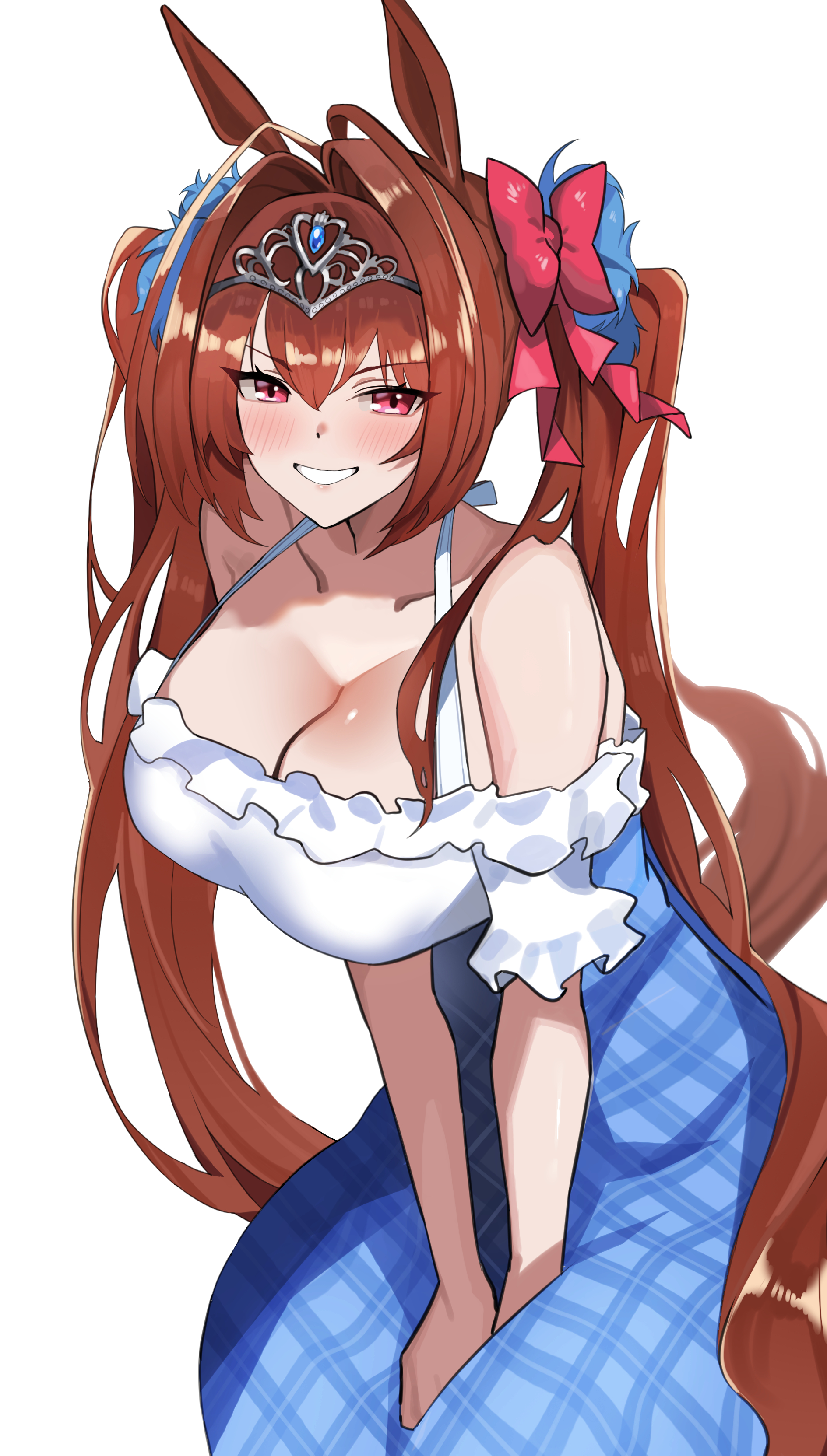 amiris (amiris76455574), daiwa scarlet (umamusume), umamusume, absurdres, highres, 1girl, animal ears, antenna hair, bare shoulders, blue skirt, blush, breasts, brown hair, brown tail, casual, cleavage, hair intakes, hair ornament, horse ears, horse girl, horse tail, large breasts, long hair, looking at viewer, off-shoulder shirt, off shoulder, red eyes, shirt, simple background, skirt, smile, solo, tail, tiara, twintails, very long hair, white background, white shirt