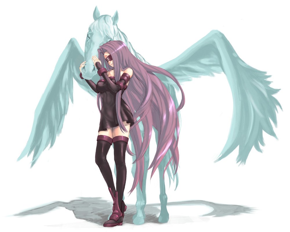 osaki, bellerophon (fate), medusa (fate), medusa (rider) (fate), fate/stay night, fate (series), jpeg artifacts, 00s, 1girl, blindfold, detached sleeves, dress, female focus, horse, long hair, pegasus, purple hair, solo, strapless, strapless dress, thighhighs, very long hair, wings, zettai ryouiki