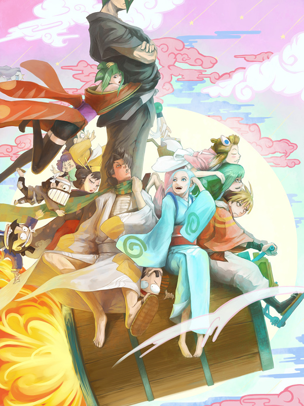 ginjiro, masankaku, o-ise, o-nui, rokubei, santa (oedo rocket), shinsa, sora (oedo rocket), tamaya seikichi, tamaya shunpei, tenhou, tenten (oedo rocket), oedo rocket, ooedo rocket, annotation request, 00s, 4girls, 6+boys, barefoot, cloud, egasumi, gyakukaiten, japanese clothes, kimono, multiple boys, multiple girls